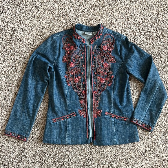 Chico’s sz 0 red beaded denim blazer jacket - Picture 1 of 8